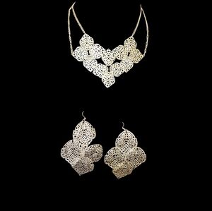 Gold Tone Filigree lacey necklace and earring set